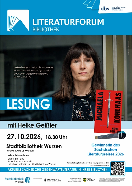 Werbeplakat für die Lesung von Heike Geißler am 27.10. in der Stadtbibliothek Wurzen&nbsp;&copy;&nbsp;DBV Sachsen