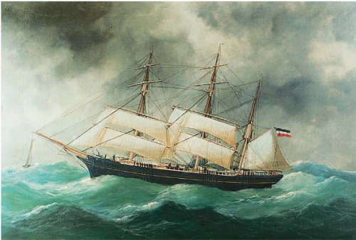 Schiffsporträt der Bark ELLI ex LOUIS IX., Öl auf Leinwand, um 1901 © Schiffbau- und Schifffahrtsmuseum Rostock